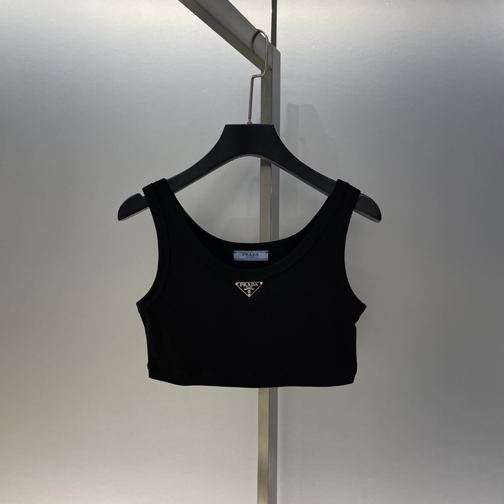 Prada Black Triangle Logo Ribbed Plain Knit Cropped Vest, Crop Top - Picture 7 of 7